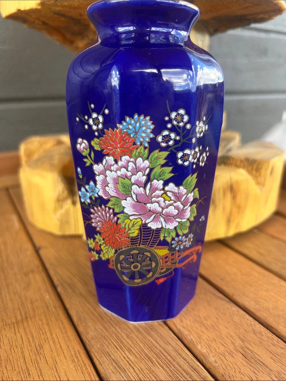 Vintage Japanese Deep Cobalt Blue Floral Porcelain Vase